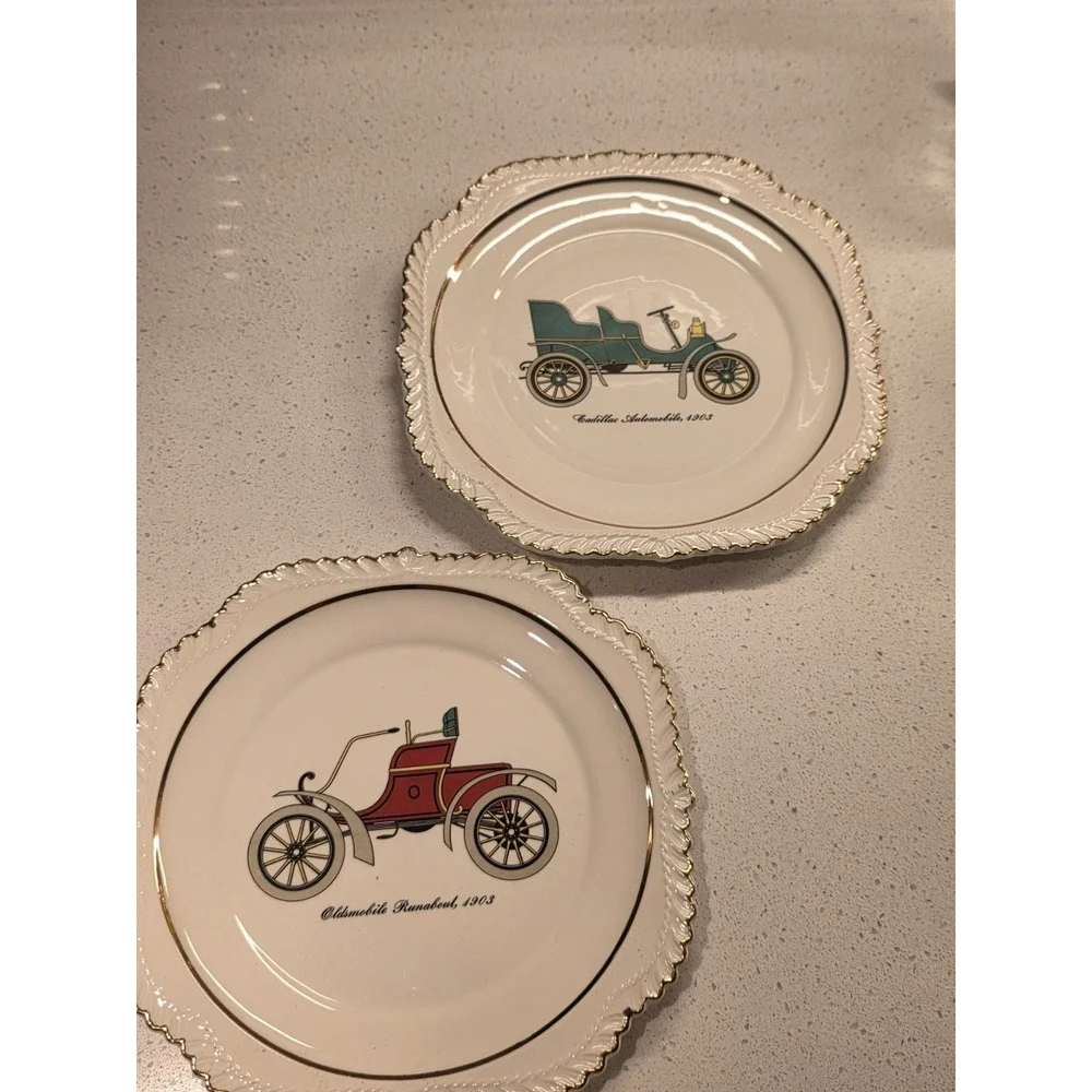 Set of Two Vintage Beautiful Automobile Plates With 22KT. Gold Trims